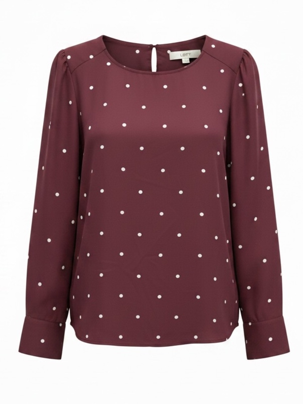 Loft Burgundy Polka Dot Long-Sleeve Blouse Size Medium Round Neckline EUC